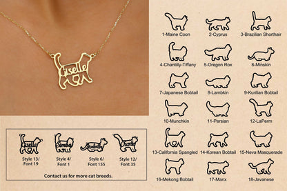 a gold necklace with a cat pendant and additional cat designs