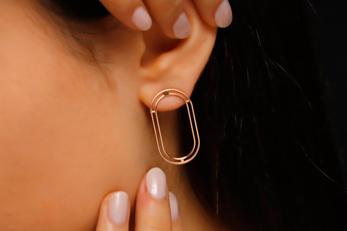 Shimmering Oval Ear Jacket Earrings – Silver, Gold, & Rose Gold Elegance