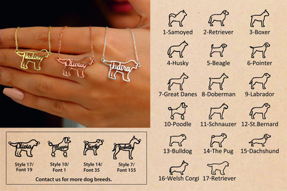 A woman is seen from the shoulders up, wearing a custom dog name necklace with a pet silhouette design. The necklace is gold-colored, and the pendant features a dog's silhouette with a letter.