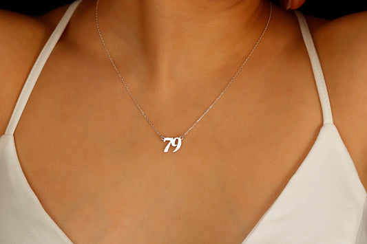 A close-up image of a woman wearing a personalized necklace with a number '79' in silver on a silver chain.