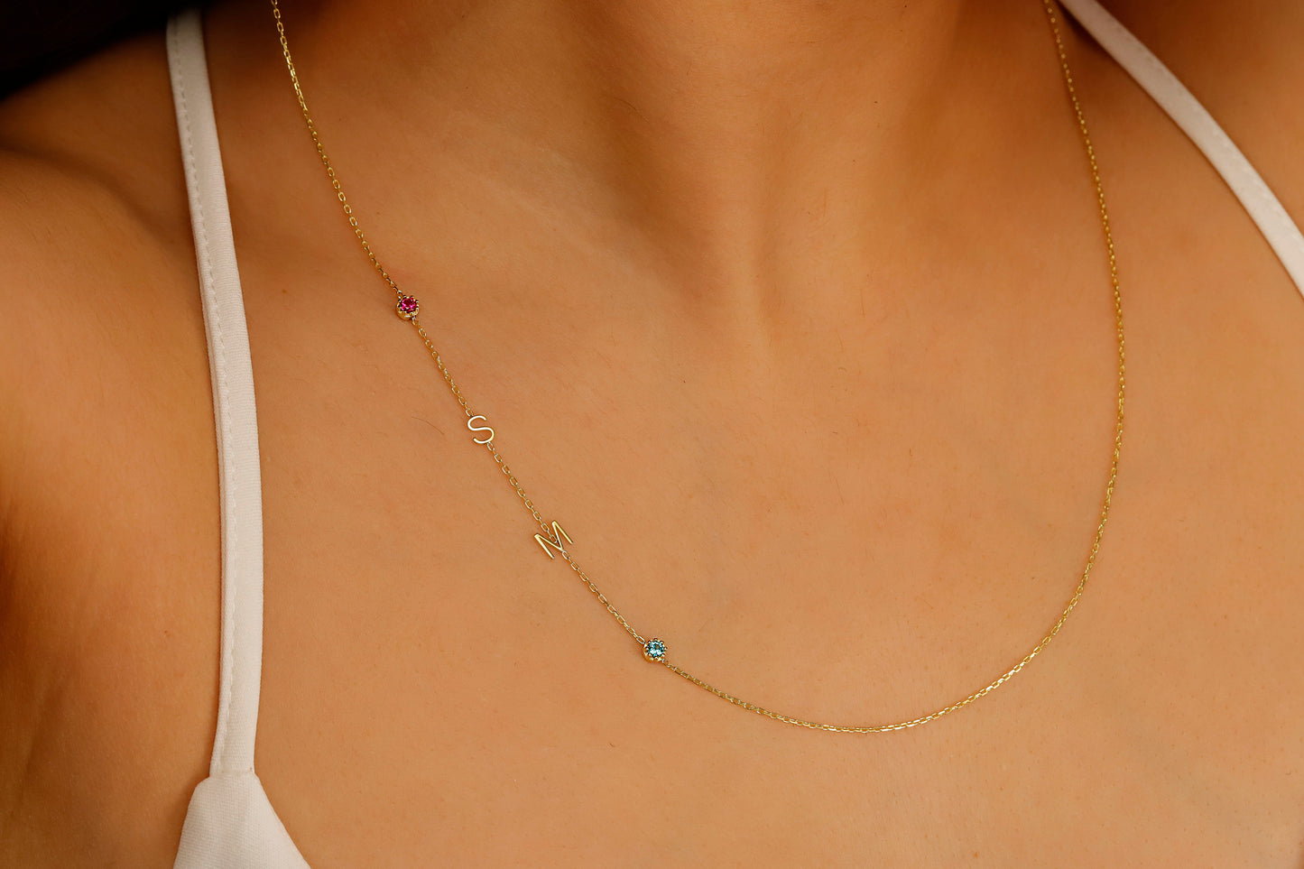 Handmade Sideways Birthstone Initial Necklace, Gold Letter Necklace | Birthstone Jewelry Anniversary Gift | Birthday Gift in Sterling Silver