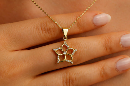 A close-up image of a woman wearing a silver necklace with a gold-colored star-shaped pendant.