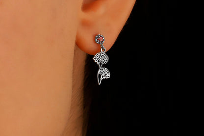A close-up image of a woman's ear wearing a dangle birth month flower earring with a birthstone.