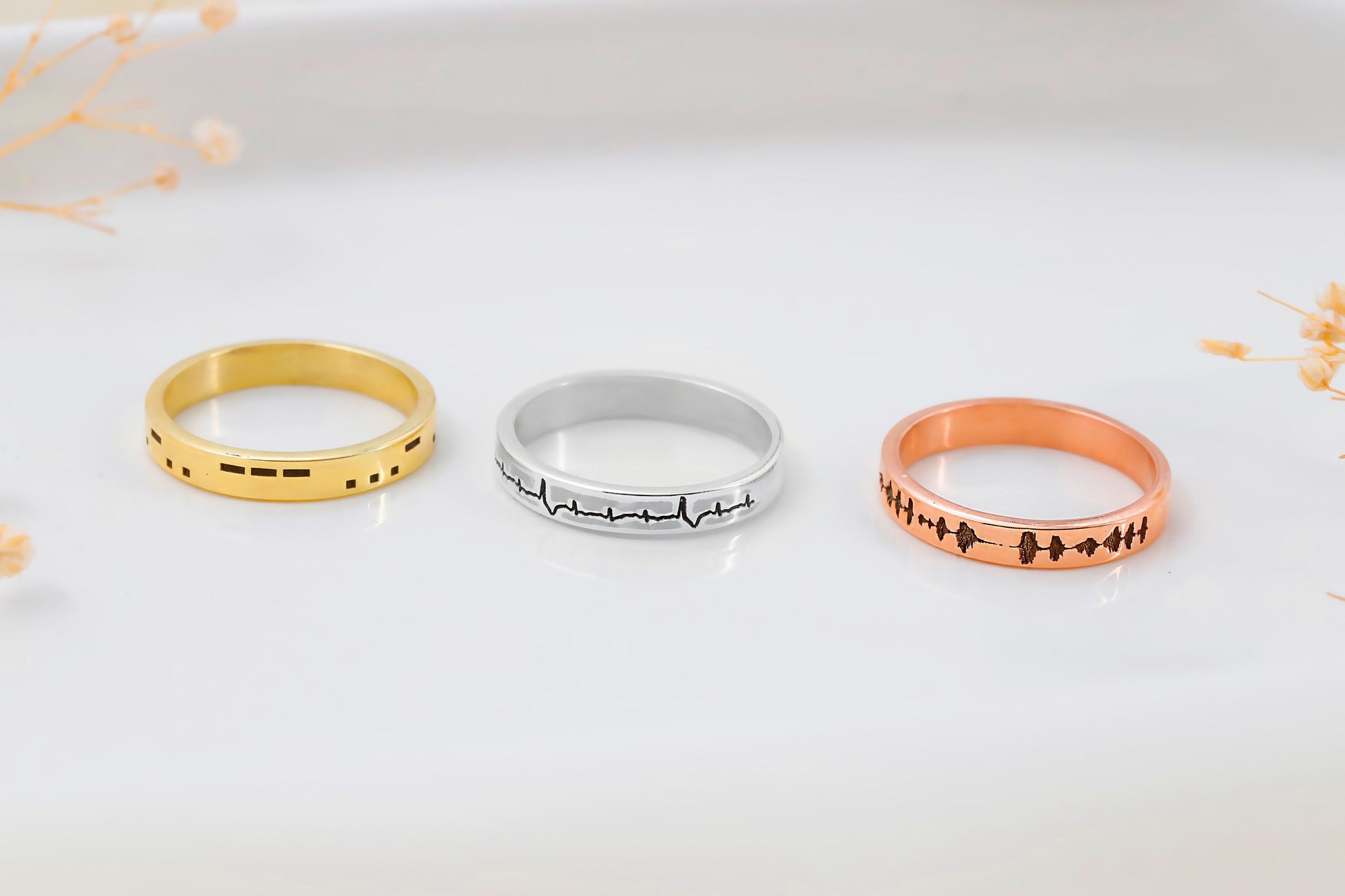 Actual EKG Morse Code and Song Code Band Ring • Personalized Sterling Silver, 14K Gold or Rose Gold Filled Jewelry, Perfect Dainty Gifts - silvergoldandrose