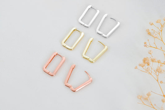 Link Huggie Rectangle Hoop Earrings | Modern Minimalist Oblong Geometric Hoop Earrings by NecklaceDreamWorld - silvergoldandrose