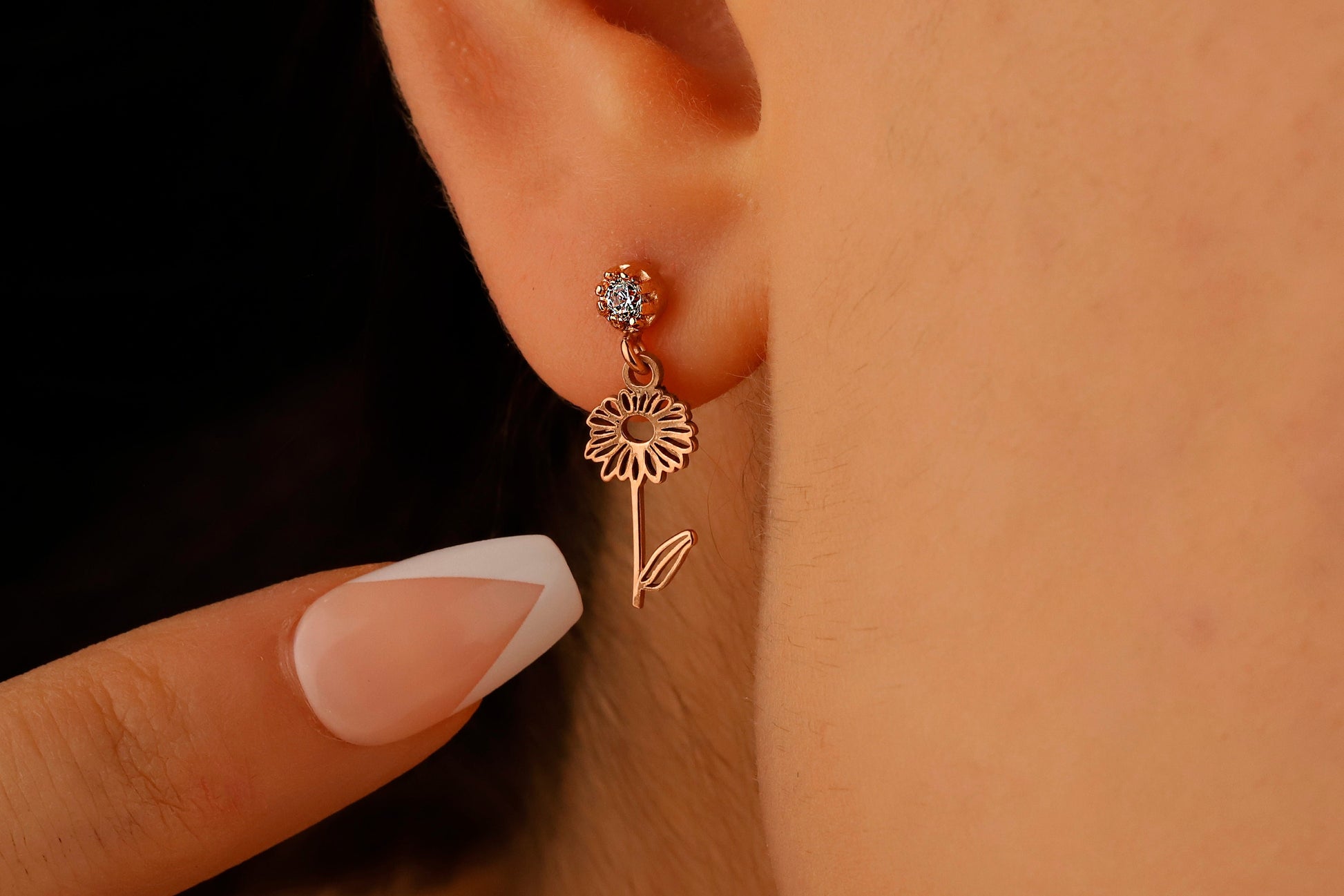 Dangle Birth Month Flower with Birthstone Earrings, Personalized Dainty Silver and Gold Cubic Zirconia Diamonds Earrings - silvergoldandrose