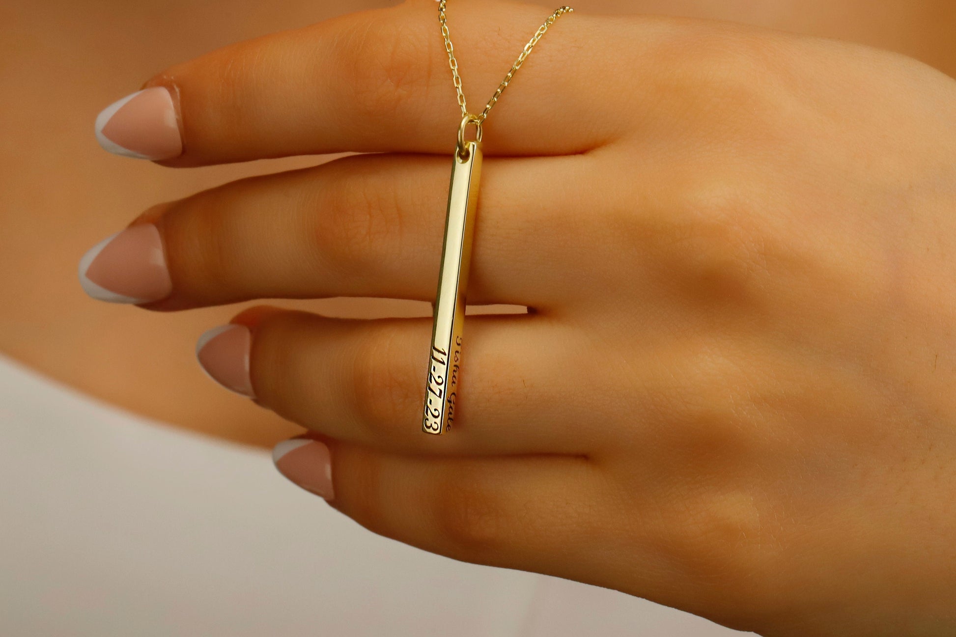 Personalized Cute Long Bar Necklace Gold, Coordinates 4 Sided Bar Jewelry in Sterling Silver and Rosed Gold by NecklaceDreamWorld - silvergoldandrose