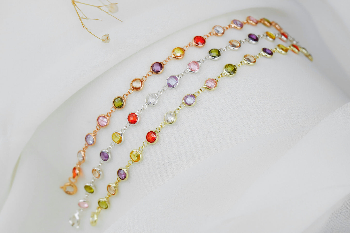 Rainbow Bracelet Multi Station Baguette Bracelet comes in 925 Sterling Silver 14K gold and Rose, Colorful Crystal Gemstone Charm Jewelry - silvergoldandrose