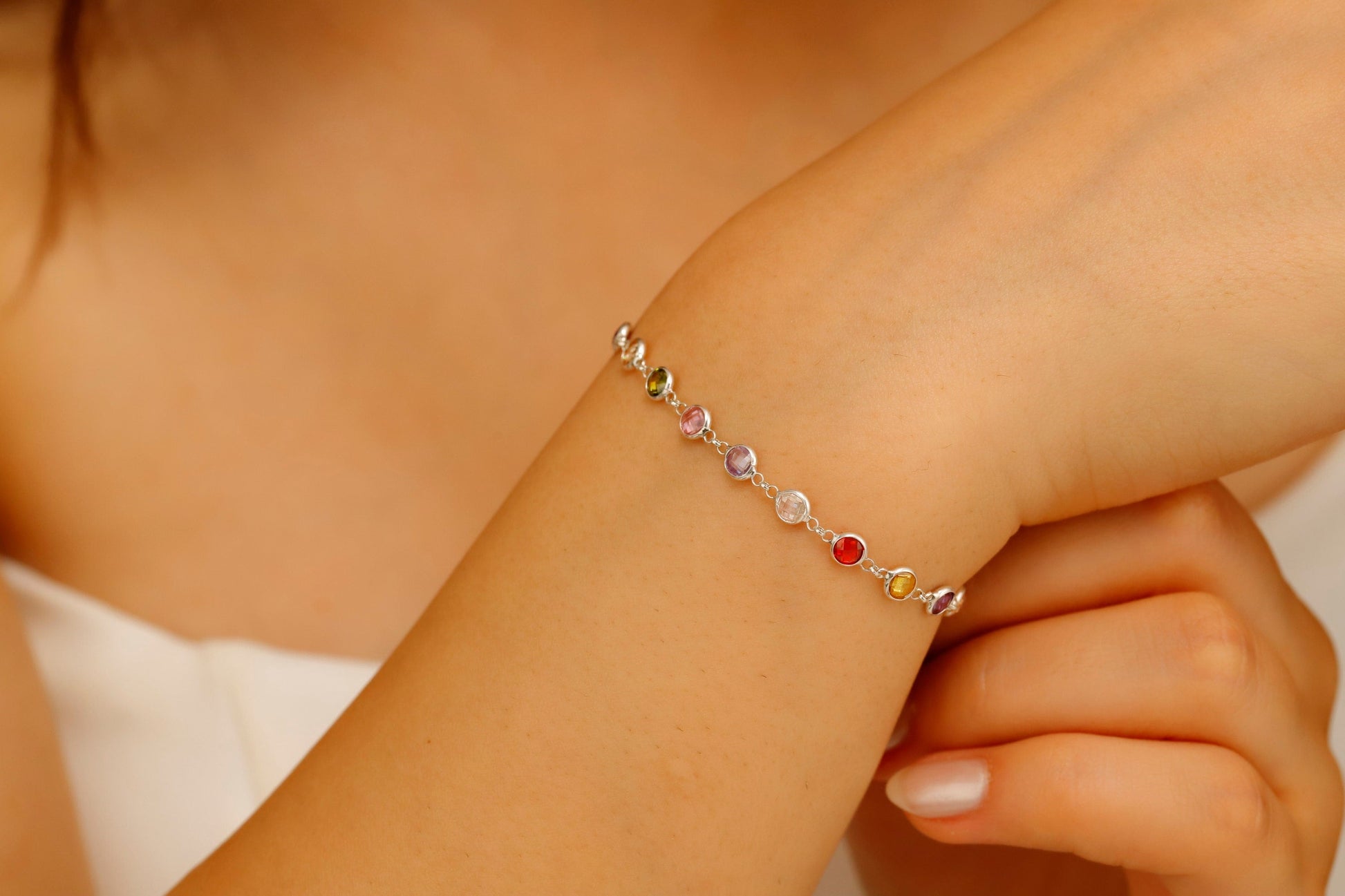 Rainbow Bracelet Multi Station Baguette Bracelet comes in 925 Sterling Silver 14K gold and Rose, Colorful Crystal Gemstone Charm Jewelry - silvergoldandrose
