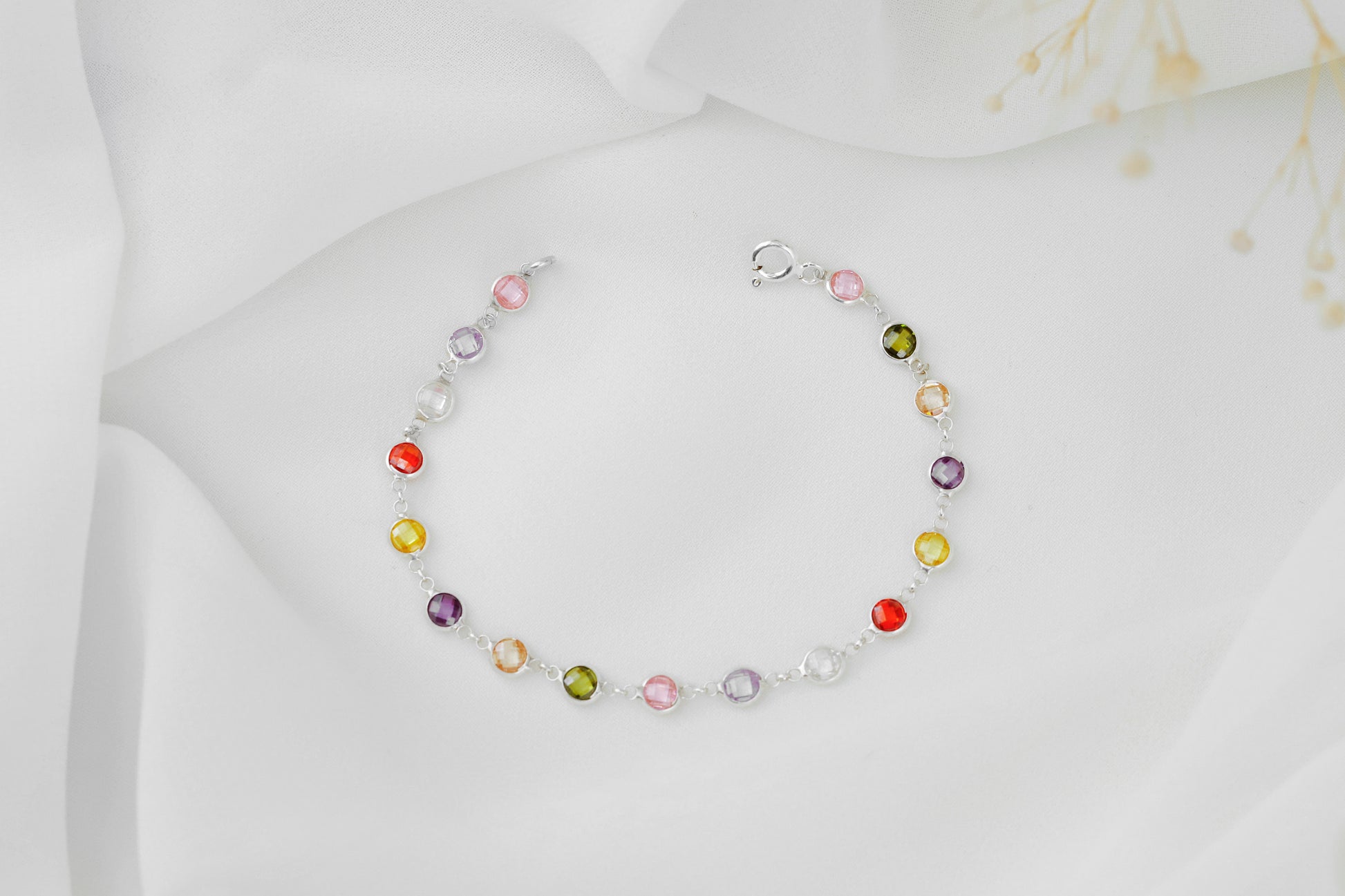 Rainbow Bracelet Multi Station Baguette Bracelet comes in 925 Sterling Silver 14K gold and Rose, Colorful Crystal Gemstone Charm Jewelry - silvergoldandrose