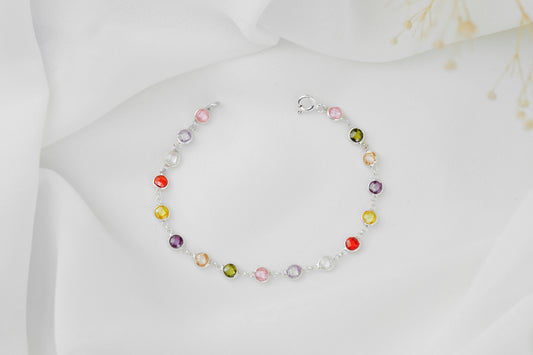 Rainbow Bracelet Multi Station Baguette Bracelet comes in 925 Sterling Silver 14K gold and Rose, Colorful Crystal Gemstone Charm Jewelry - silvergoldandrose