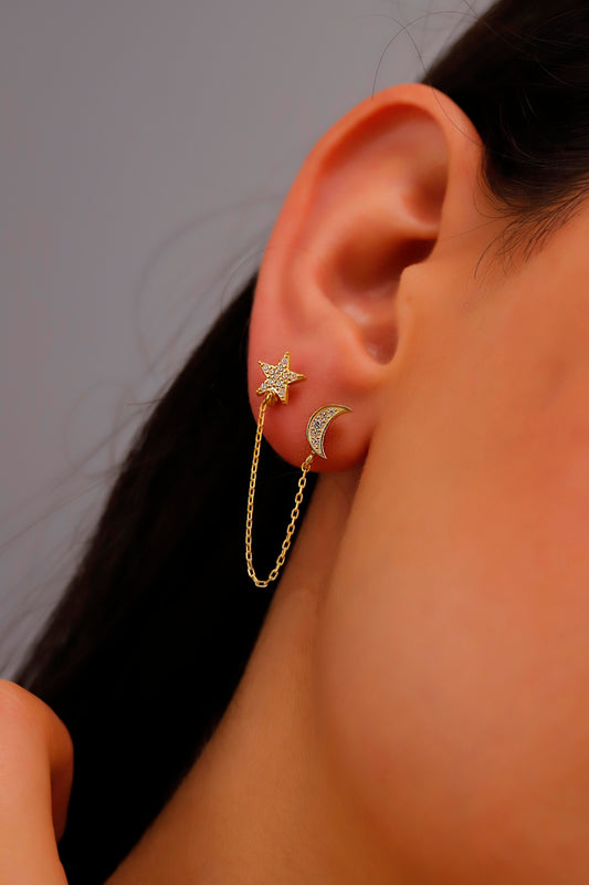 Gold Pave Star and Moon Earrings, Double Moon and Star Pave Stud Earrings, Gold Diamond Dangle Earrings, Waterproof Celestial Earrings - silvergoldandrose