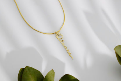 Custom Signature Vertical Name Necklace, Gold Vermeil Handwriting Script Necklace, Box and Snake Chain, Minimalist Name Necklace Gift - silvergoldandrose