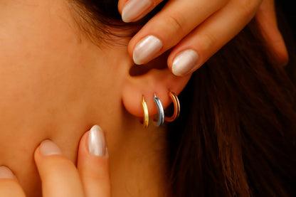 A close-up image of a person wearing small gold hoop earrings, with a focus on the earrings.
