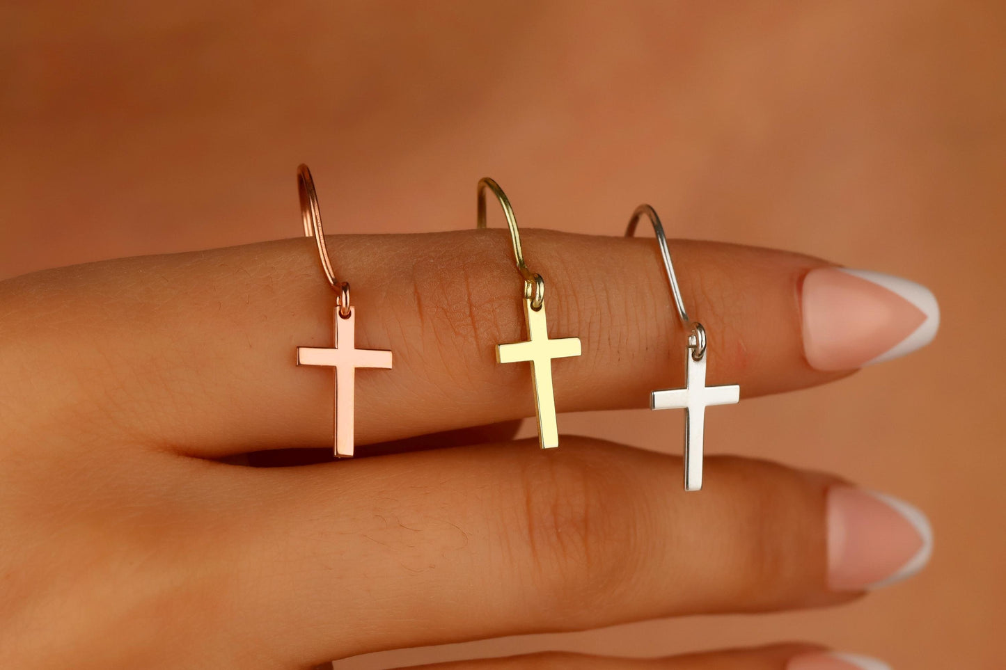 14k Gold Fillled Cross Earrings for Women, Dainty Christian Jewelry, Everyday Earrings in Sterling Silver and Rose by NecklaceDreamWorld - silvergoldandrose