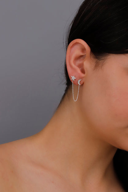 Customizable Gold Star & Moon Dangle Earrings in 925 Sterling Silver. Hypoallergenic and waterproof, perfect for daily wear or as a celestial gift!