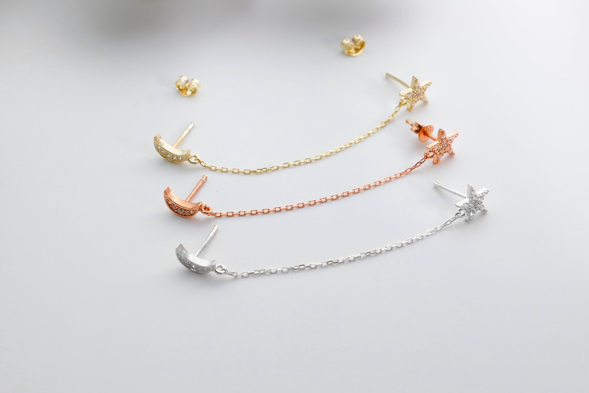 Gold Pave Star and Moon Earrings, Double Moon and Star Pave Stud Earrings, Gold Diamond Dangle Earrings, Waterproof Celestial Earrings - silvergoldandrose