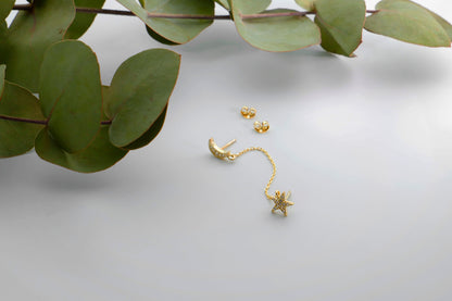 Gold Pave Star and Moon Earrings, Double Moon and Star Pave Stud Earrings, Gold Diamond Dangle Earrings, Waterproof Celestial Earrings - silvergoldandrose