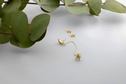 Gold Pave Star and Moon Earrings, Double Moon and Star Pave Stud Earrings, Gold Diamond Dangle Earrings, Waterproof Celestial Earrings - silvergoldandrose