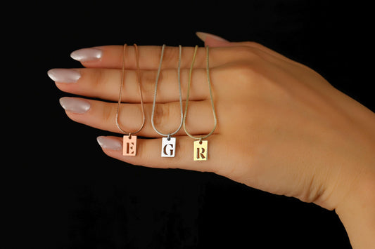 Minimalist Bar Initial Necklace - Tiny Charm with Snake Chain & Cut Out Tag - Personalized Letter Jewelry Gift
