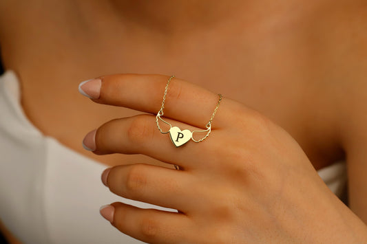 Personalized Initial Heart Necklace with Angel Wings • Unique Memorial Letter Jewelry with Birthstone add on - silvergoldandrose