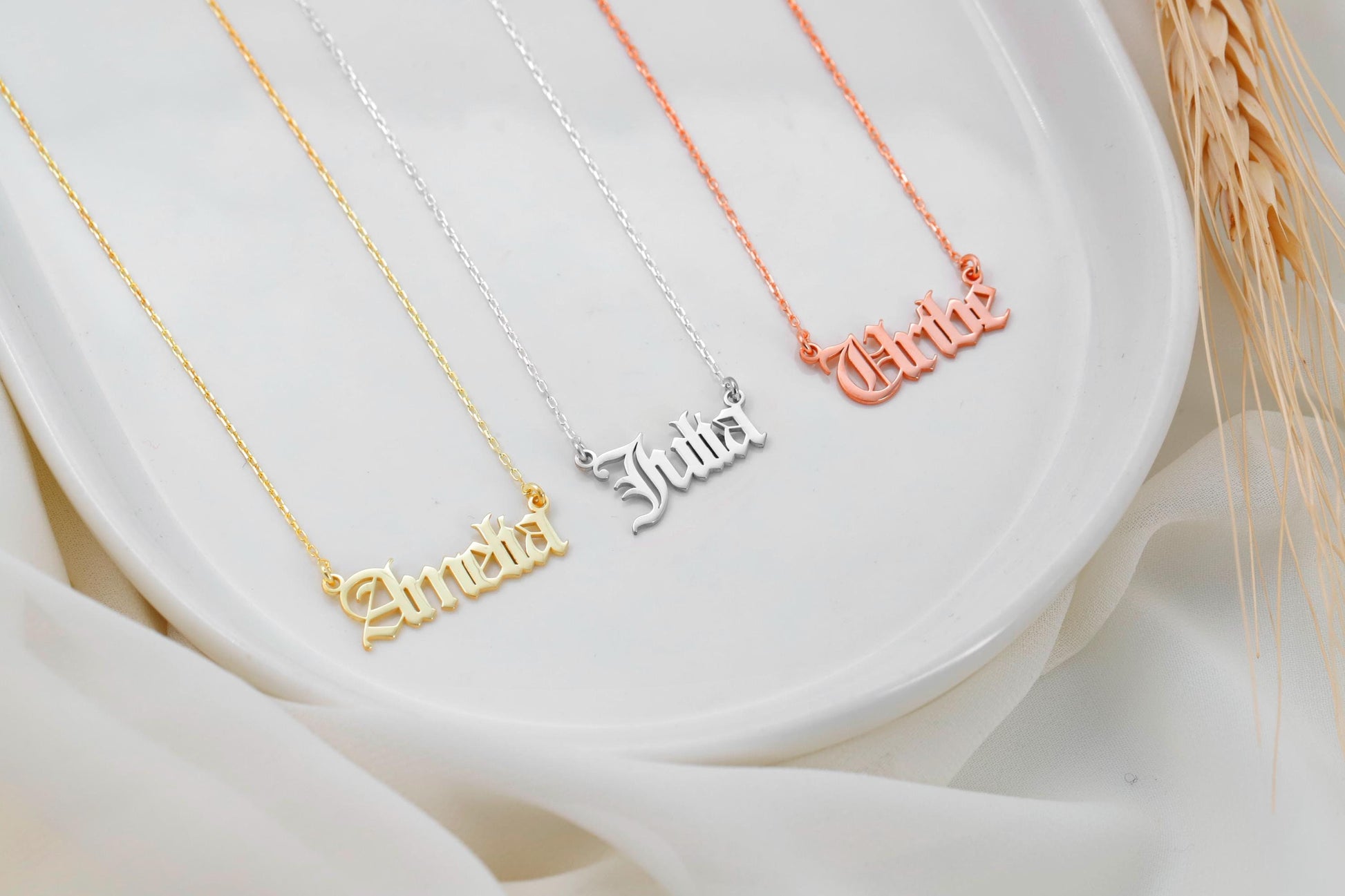 14K Gold Fillled Old English Name Necklace, Personalized Name Necklace, Old English Jewelry Birthday Gifts, Gothic Name Necklace - silvergoldandrose