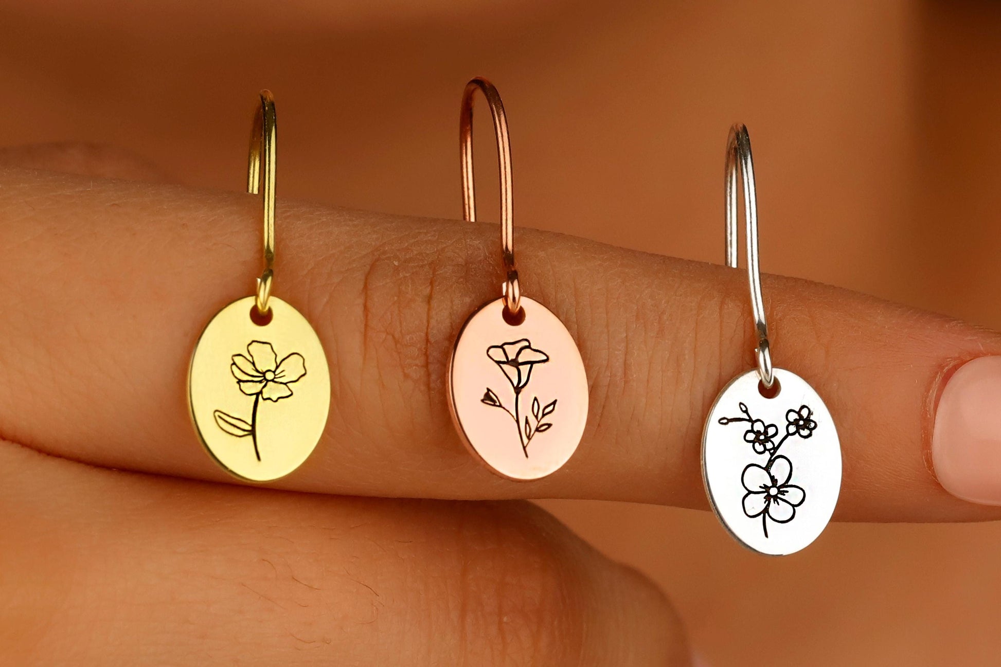 Dainty Dangle Birth Flower Earrings Gold, Sterling Silver Minimalist Month Floral Signet Earrings by NecklaceDreamWorld - silvergoldandrose