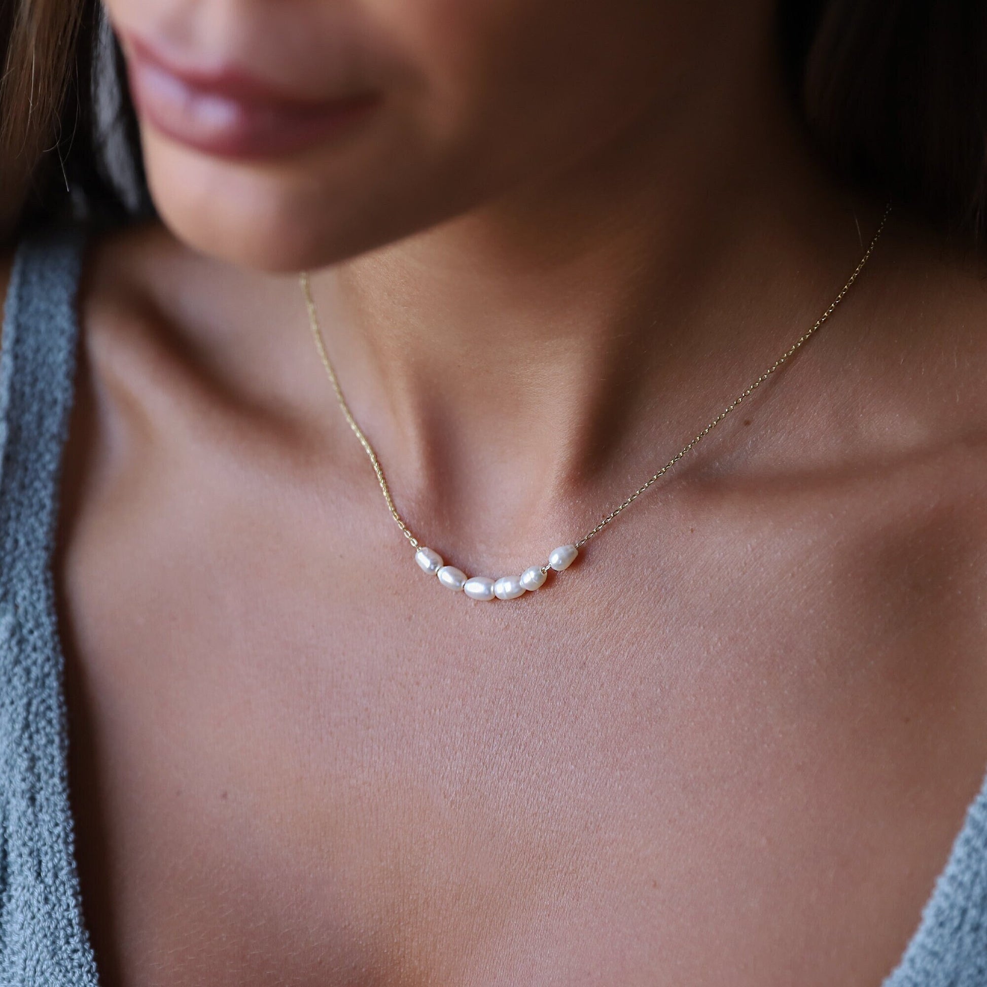 Tiny Pearl Necklace, Bridesmaids Gifts, Pearl Choker Necklace • Bridal Shower Gift • Dainty Minimalist 6 Oval Pearls Freshwater Jewelry - silvergoldandrose