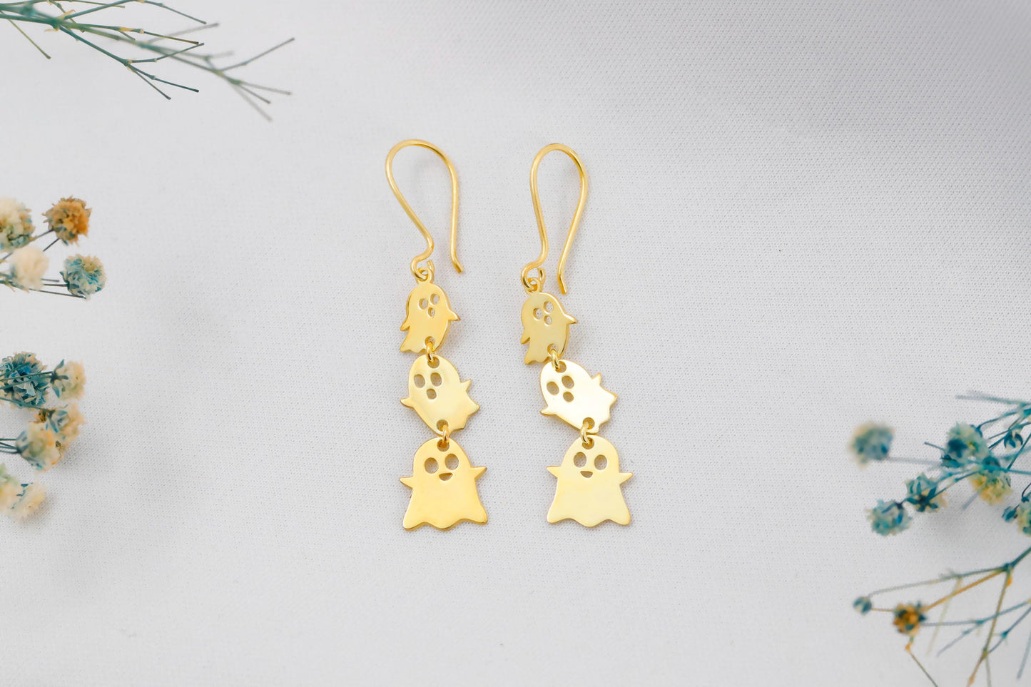 Ghostly Elegance: Sterling Silver Dangle Earrings with 18K Gold Vermeil, Perfect Halloween Accessory