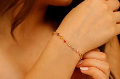 Rainbow Bracelet Multi Station Baguette Bracelet comes in 925 Sterling Silver 14K gold and Rose, Colorful Crystal Gemstone Charm Jewelry - silvergoldandrose