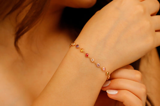 Rainbow Bracelet Multi Station Baguette Bracelet comes in 925 Sterling Silver 14K gold and Rose, Colorful Crystal Gemstone Charm Jewelry - silvergoldandrose