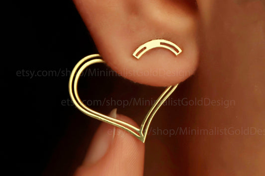 Heart Ear Jackets in 14K Gold | Modern Minimalist Design | Perfect Love Gift for Her