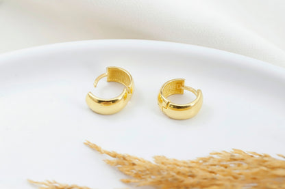 Gold hoop earrings on a white plate with dried grass