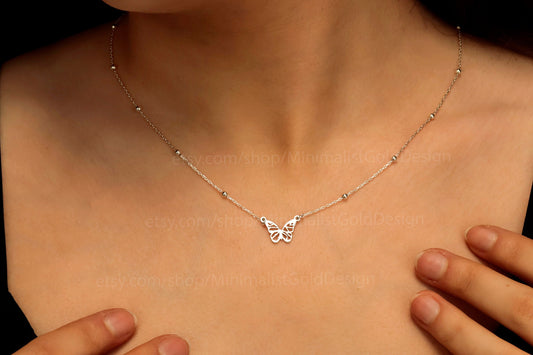 Symbol of Change Butterfly Necklace | Tiny Gold Pendant with Beaded Chain | Minimalist Gift for Her