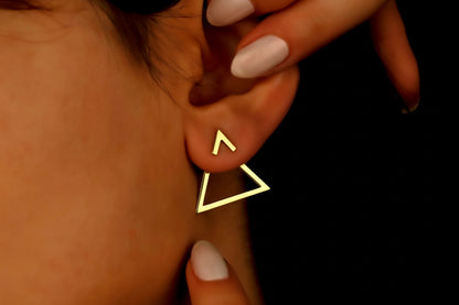 A close-up image of a woman's ear wearing a gold-colored triangular ear jacket earring.