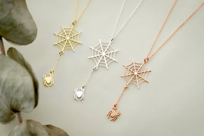 Halloween Spider Web Gold Necklace Gifts, Scary Spider Silver Jewelry by NecklaceDreamWorld - silvergoldandrose
