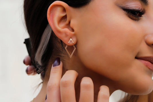 14K Rose Gold Ear Jacket Rhombus Earrings, Geometric Earring, Dainty Pair Earrings, Special Design Earrings by NeckaceDreamWorld - silvergoldandrose