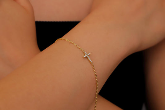 Cross Bracelet with Diamond, Dainty Cross Bracelet in Gold, Religious Bracelet, Cross Bracelet Women, Christian Gifts for Women - silvergoldandrose