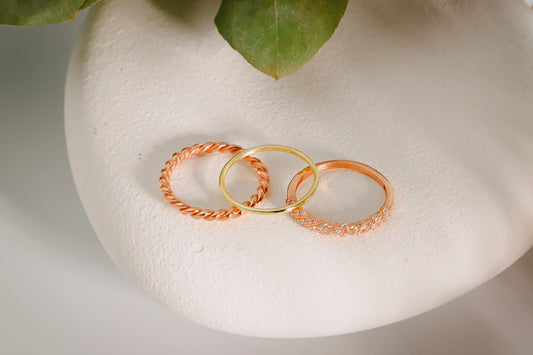 Pinky Twist Rings, Diamond Ring Set of 3, Gold Band Ring, Rose Gold Double Twist Ring, Rope Ring, Stackable Ring Set - silvergoldandrose