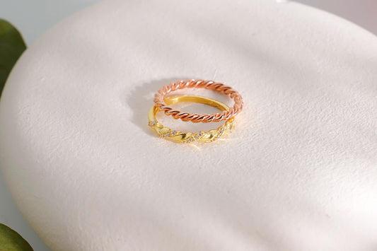 Pave Diamond Twist Rings, Diamond Ring Set of 2, Rose Gold Double Twist Ring, Rope Ring, Stackable Ring Set - silvergoldandrose
