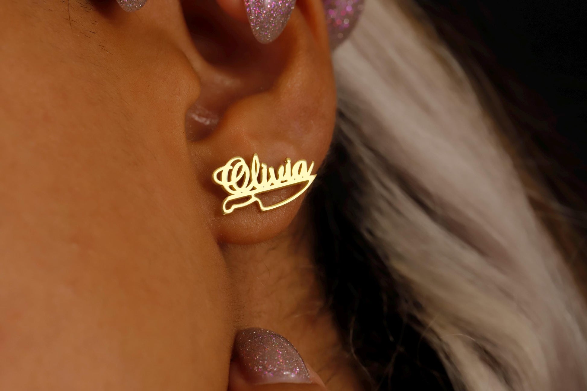 Personalized Name Earrings with Knife • Culinary Jewelry • Chef Earrings • Stud Earrings • Chef Knife • Gift For Chef • - silvergoldandrose