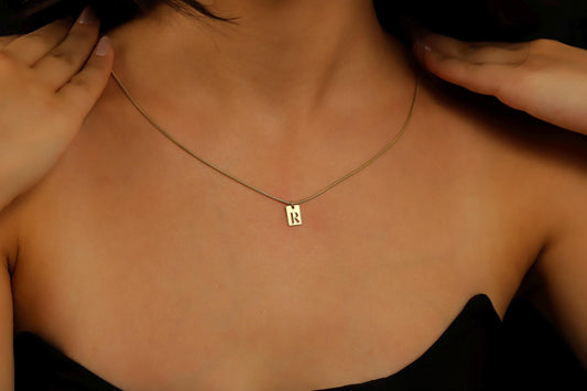 Minimalist Bar Initial Necklace • Tiny Charm Necklace with Snake Chain • Initial Charm • Cut Out Tag Charm • Letter Jewelry Gifts
