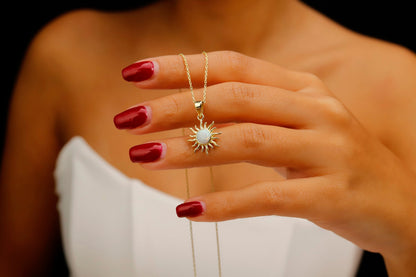 Elegant White Opal Sun Necklace silvergoldandrose | Perfect Design Sunshine Pendant | Celestial Jewelry in Silver, Gold And Rose - 
