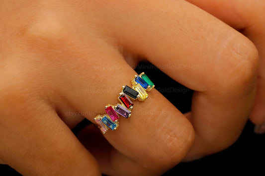 Dainty Baguette Multicolor Ring, 18K Gold Filled Rainbow Stone Ring, Handmade Gemstones Ring, Baguette Cut Gemstones, Gift for Her