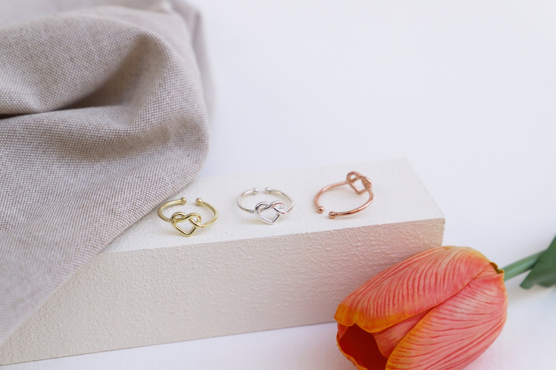 Adjustable Gold Heart Knot Ring in Sterling Silver, Gold and Rose Gold, Dainty Knot Rings - silvergoldandrose