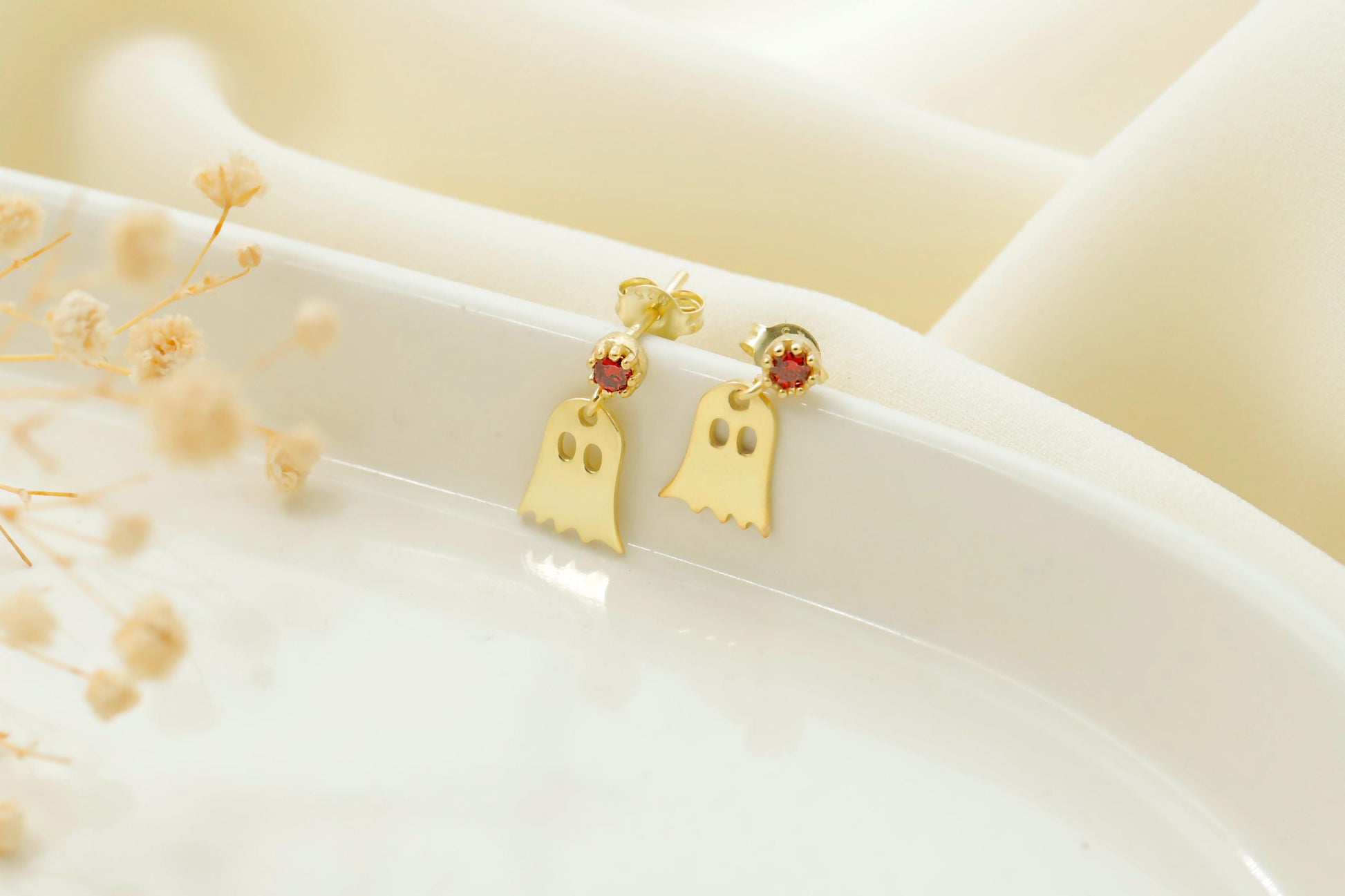 Cute Ghost Stud Earrings Halloween Gifts, Dainty Gold Stud Earrings with Cubic Zirconia, Gifts for Her - silvergoldandrose