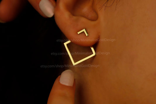 Dainty Square Ear Jacket Earrings in 925 Sterling Silver - Gold & Rose Gold Finish for Effortless Elegance