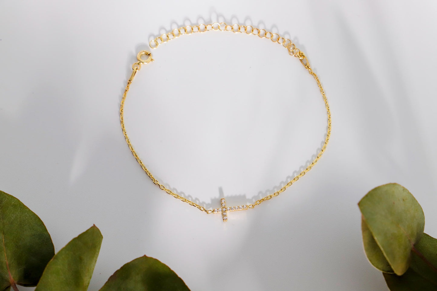 Cross Bracelet with Diamond, Dainty Cross Bracelet in Gold, Religious Bracelet, Cross Bracelet Women, Christian Gifts for Women - silvergoldandrose