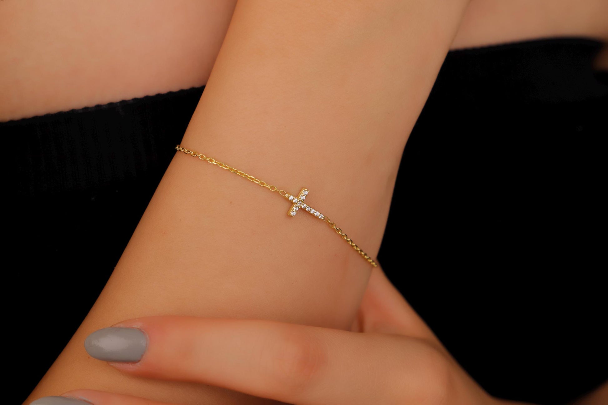 Cross Bracelet with Diamond, Dainty Cross Bracelet in Gold, Religious Bracelet, Cross Bracelet Women, Christian Gifts for Women - silvergoldandrose