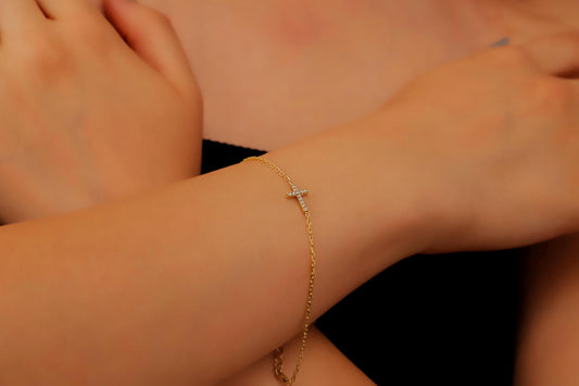 Cross Bracelet with Diamond, Dainty Cross Bracelet in Gold, Religious Bracelet, Cross Bracelet Women, Christian Gifts for Women - silvergoldandrose